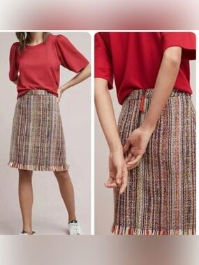 Maeve Anthropologie Zaira tweed fringe pencil skirt ribbed size 2 Xs x-small
